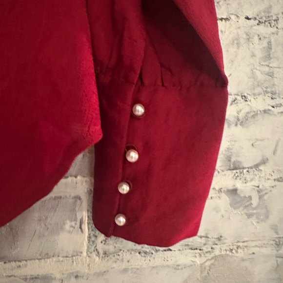 Ann Taylor | Satin Red Long Sleeve Blouse w Pearl Cuffs - Picture 3 of 6